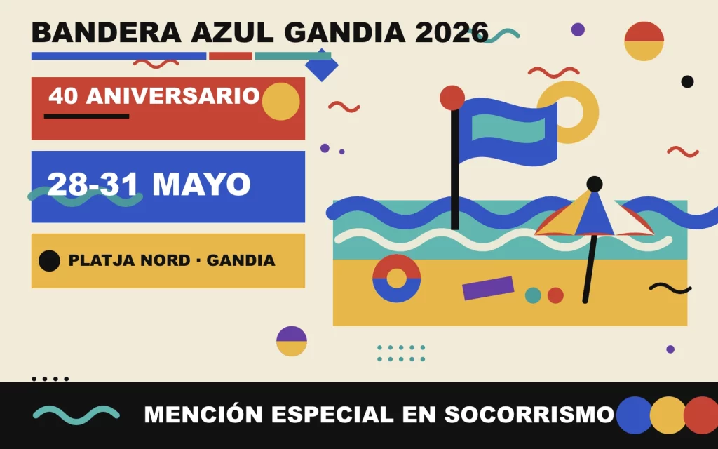 Cartel ilustrativo de la Bandera Azul Gandia 2026 con la Platja Nord y la Semana especial del 28 al 31 de mayo, con motivo del 40 aniversario y la Mención Especial en Socorrismo