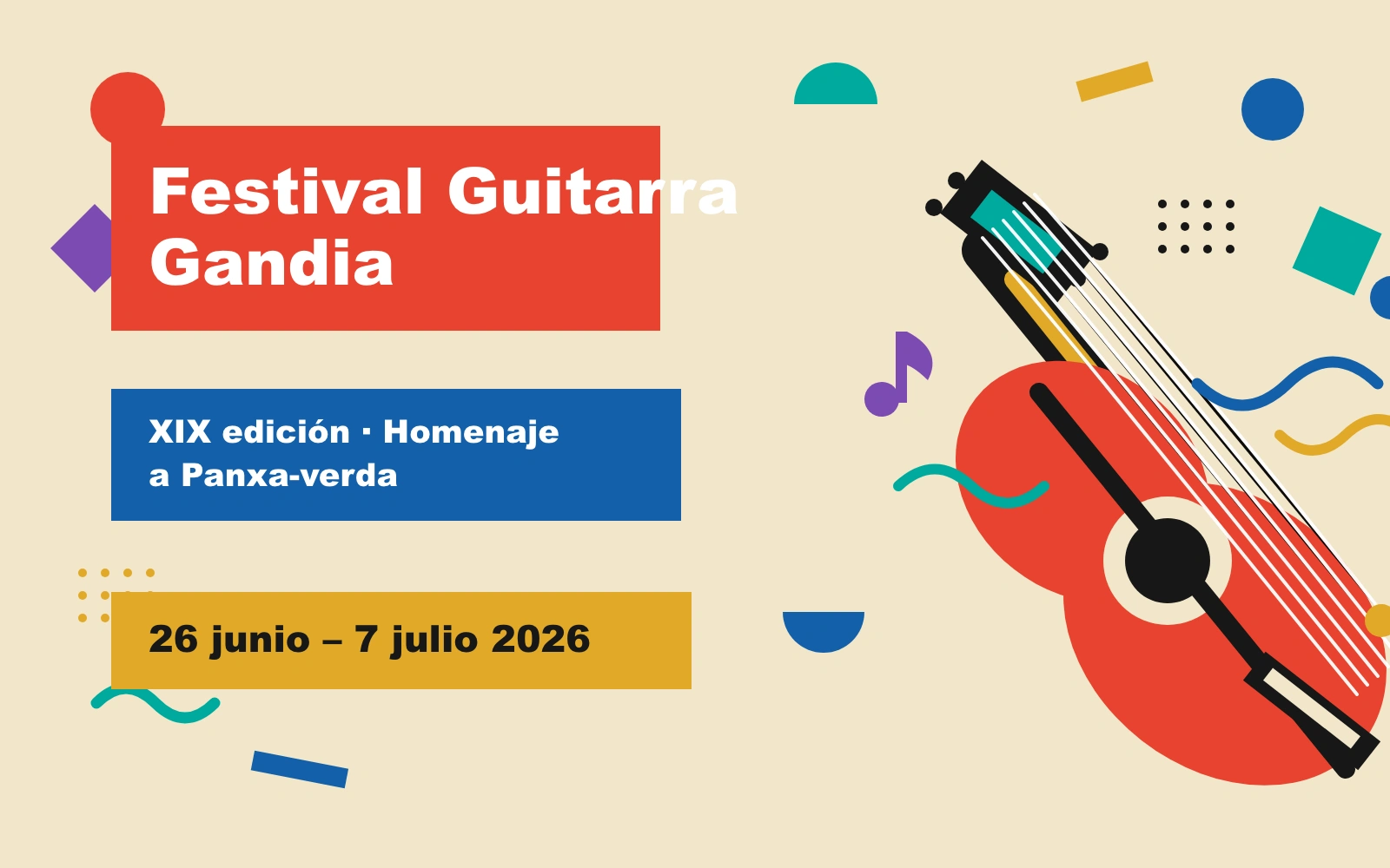Cartel ilustrado de la XIX edición del Festival Guitarra Gandia, del 26 de junio al 7 de julio de 2026, en estilo Bauhaus/Memphis con una guitarra clásica como motivo central.