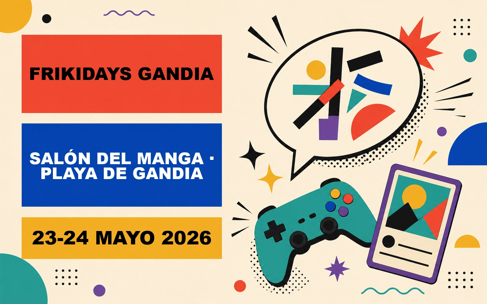 Cartel ilustrativo de Frikidays 2026 en el Espai Baladre de la Playa de Gandia, salón del manga y la cultura asiática los días 23 y 24 de mayo