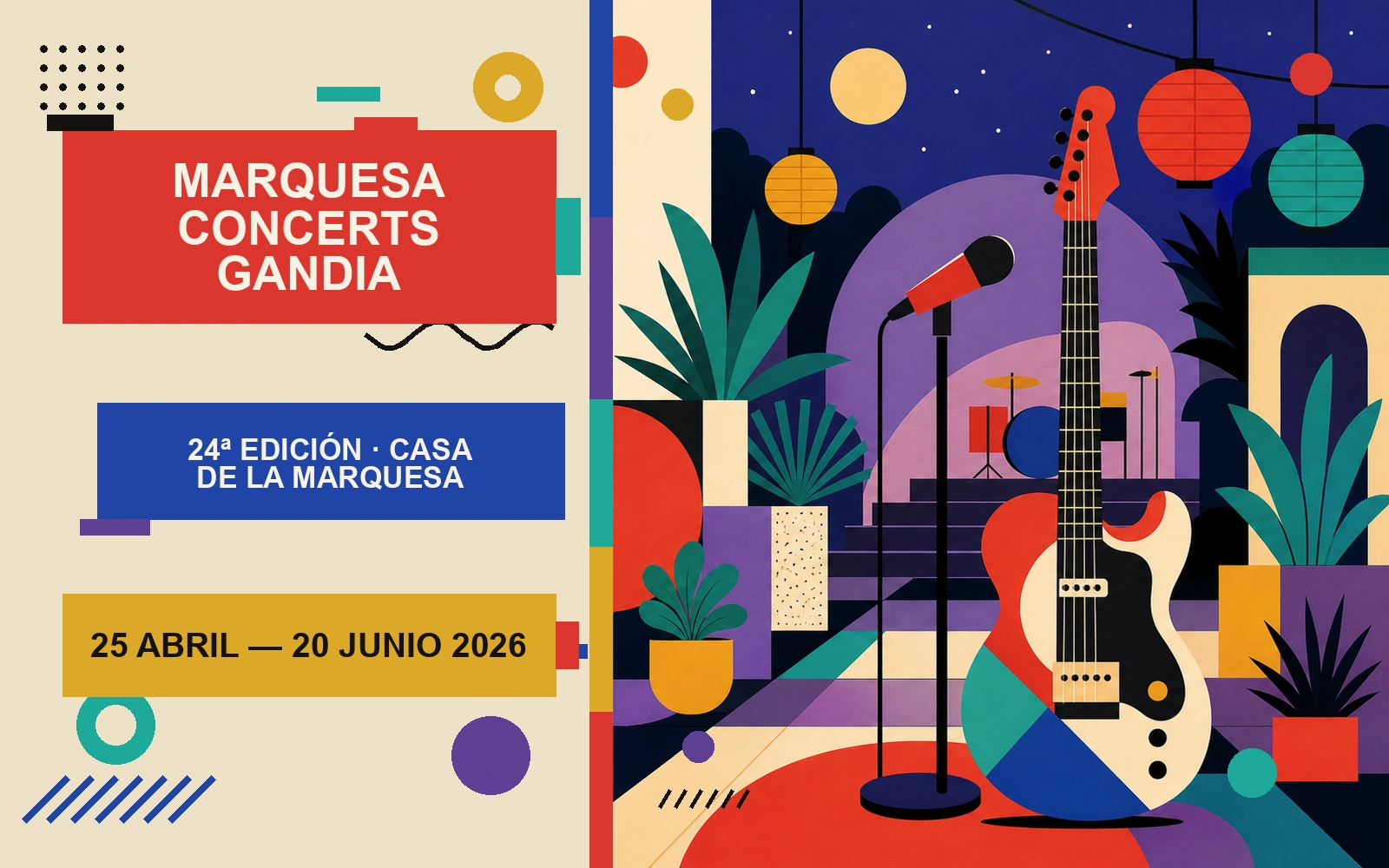 Cartel ilustrativo de Marquesa Concerts 2026 en la Casa de la Marquesa de Gandia, con seis conciertos del 25 de abril al 20 de junio