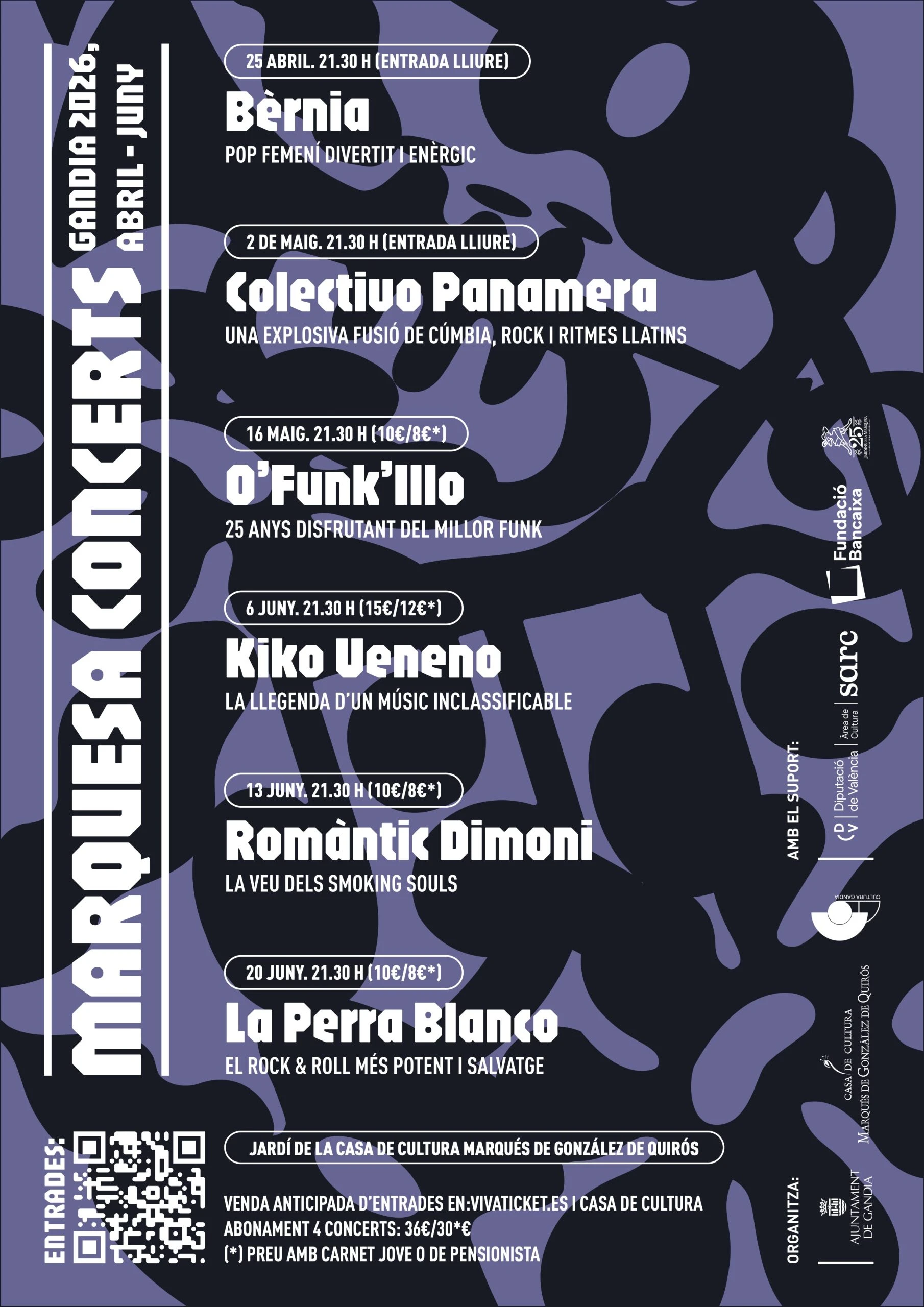 Cartel oficial de Marquesa Concerts 2026 publicado por el Ajuntament de Gandia, con la programación completa, fechas, horarios y precios de las entradas