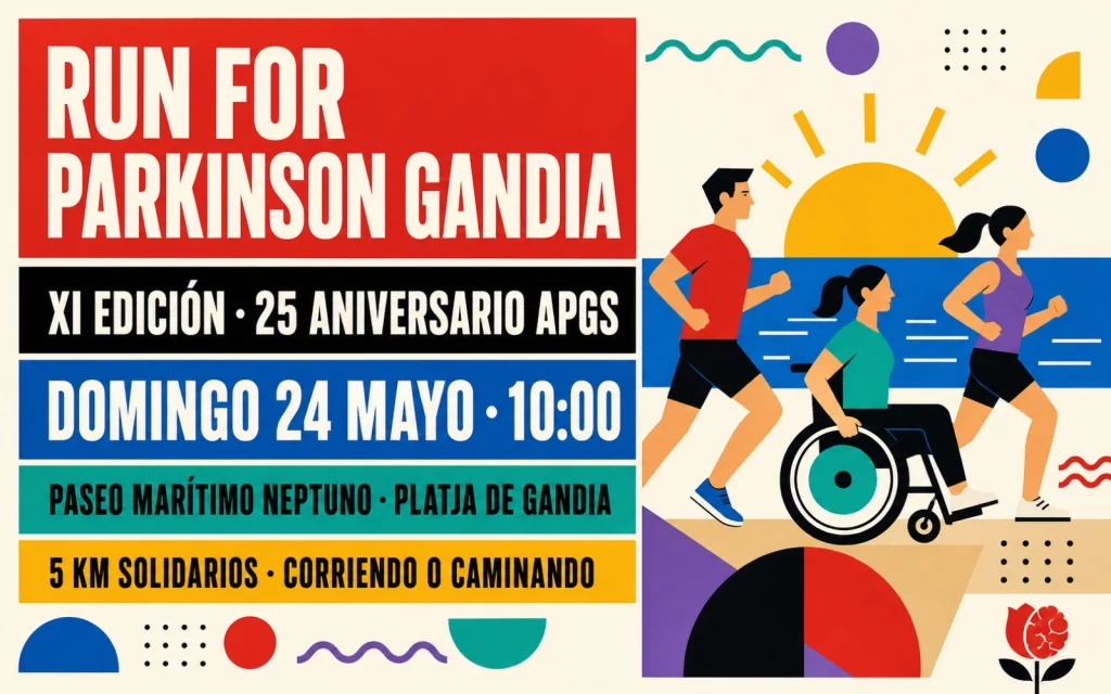 Cartel ilustrativo de la XI Run for Parkinson Gandia 2026, 5 km solidarios el 24 de mayo a las 10:00 en el paseo marítimo de la Platja de Gandia, organizada por la Asociación Parkinson Gandia Safor en su 25 aniversario