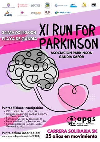 Cartel oficial de la XI Run for Parkinson Gandia 2026 publicado por la Asociación Parkinson Gandia Safor, con datos de la carrera, puntos físicos de inscripción y entidades colaboradoras