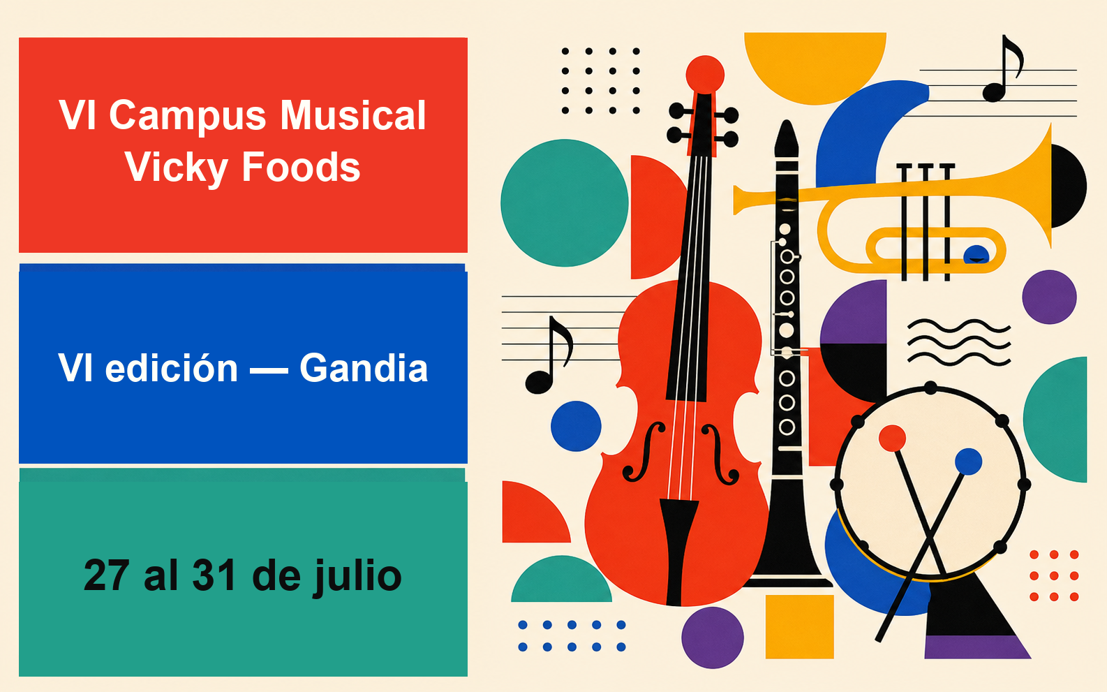 Ilustración de la VI edición del Campus Musical Vicky Foods en Gandia, del 27 al 31 de julio de 2026