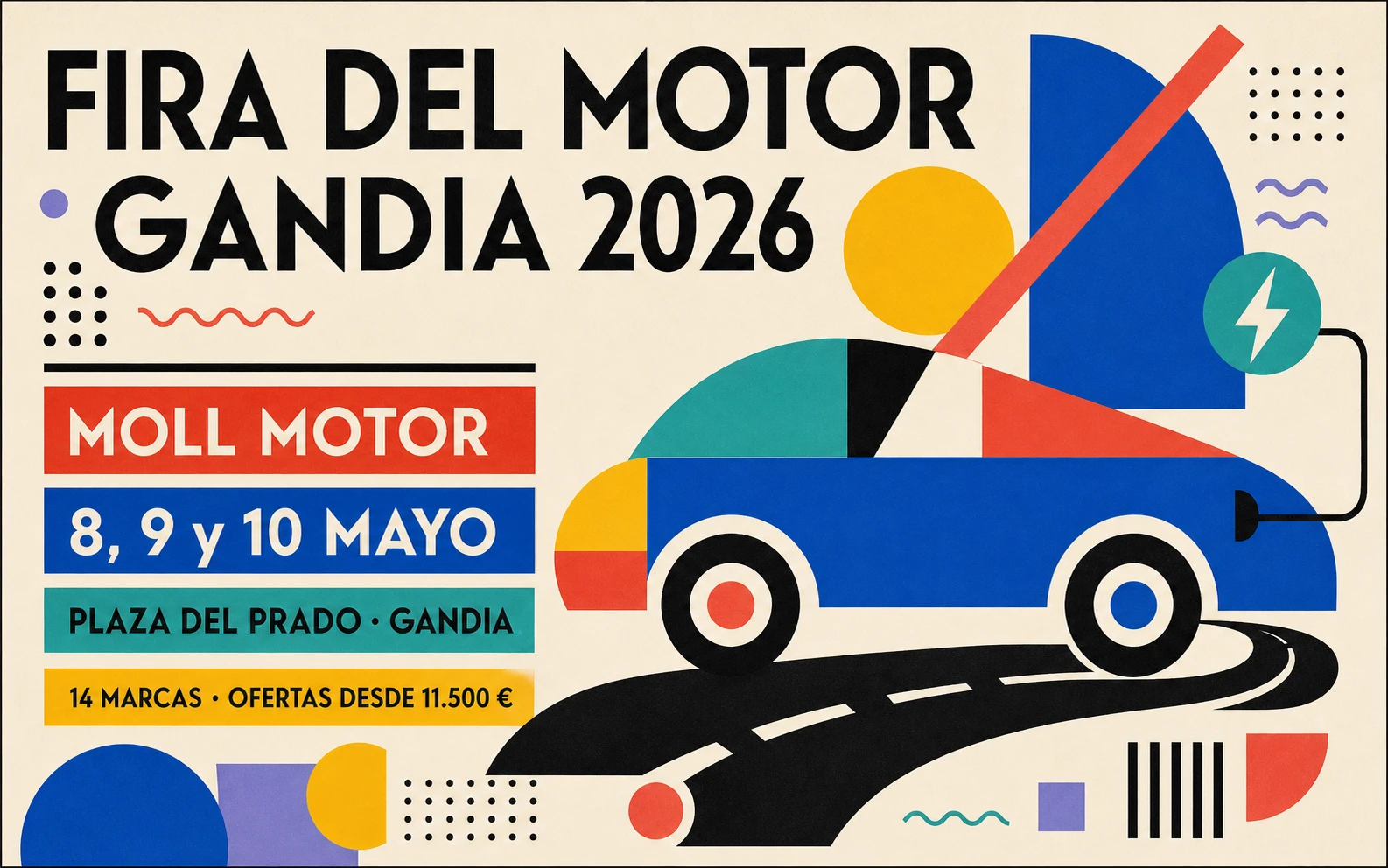 Cartel ilustrativo de la Fira del Motor de Gandia 2026 con Moll Motor en la Plaça del Prado, 8, 9 y 10 de mayo, 14 marcas y ofertas desde 11.500 €