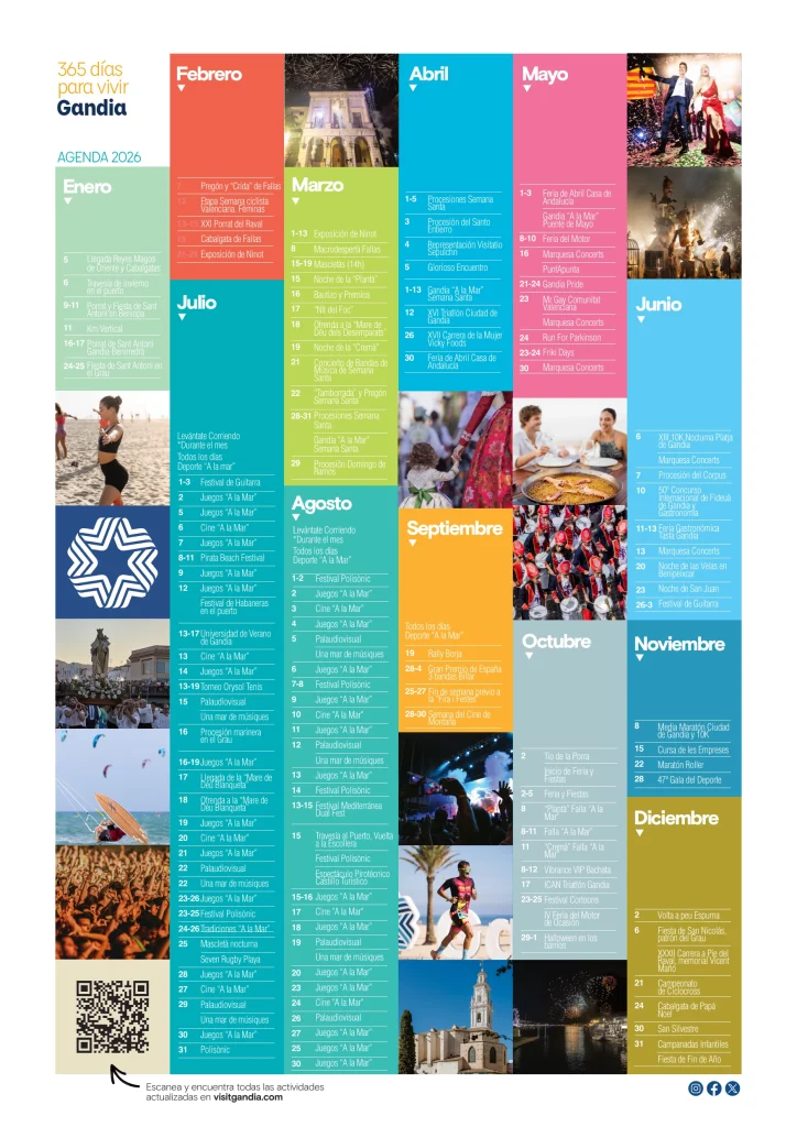 Cartel oficial de Visit Gandia con la agenda turística 2026 de Gandia