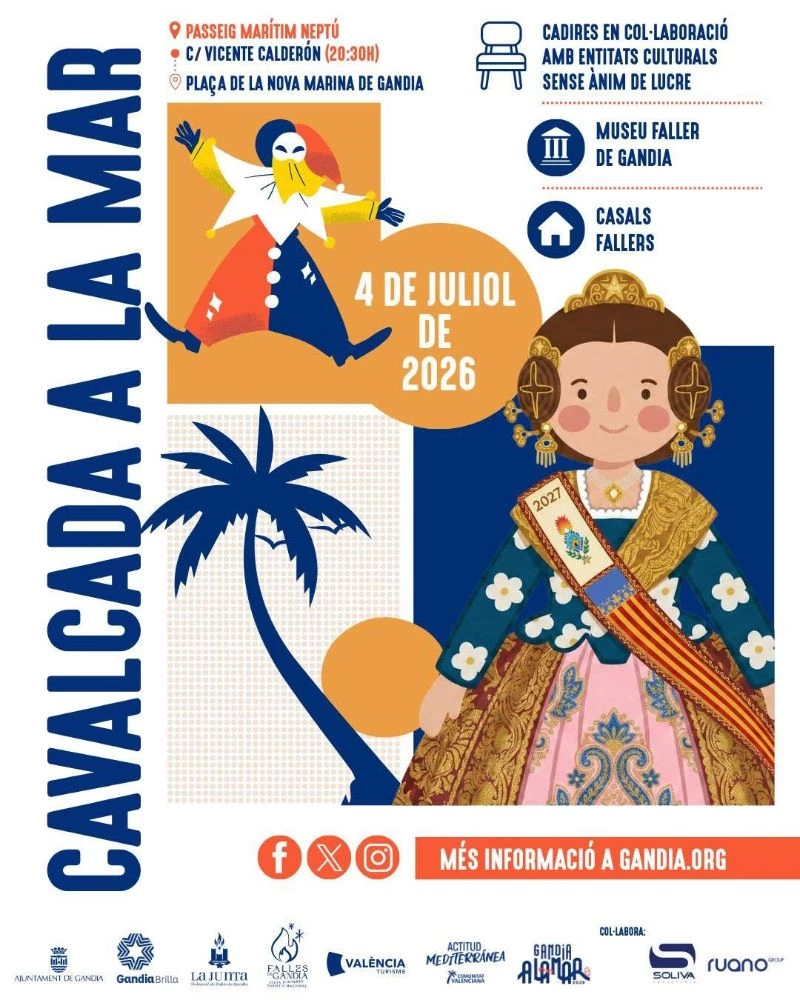 Cartel oficial de la Cavalcada a la Mar 2026 de Gandia publicado por el Ajuntament de Gandia y la Federació de Falles de Gandia