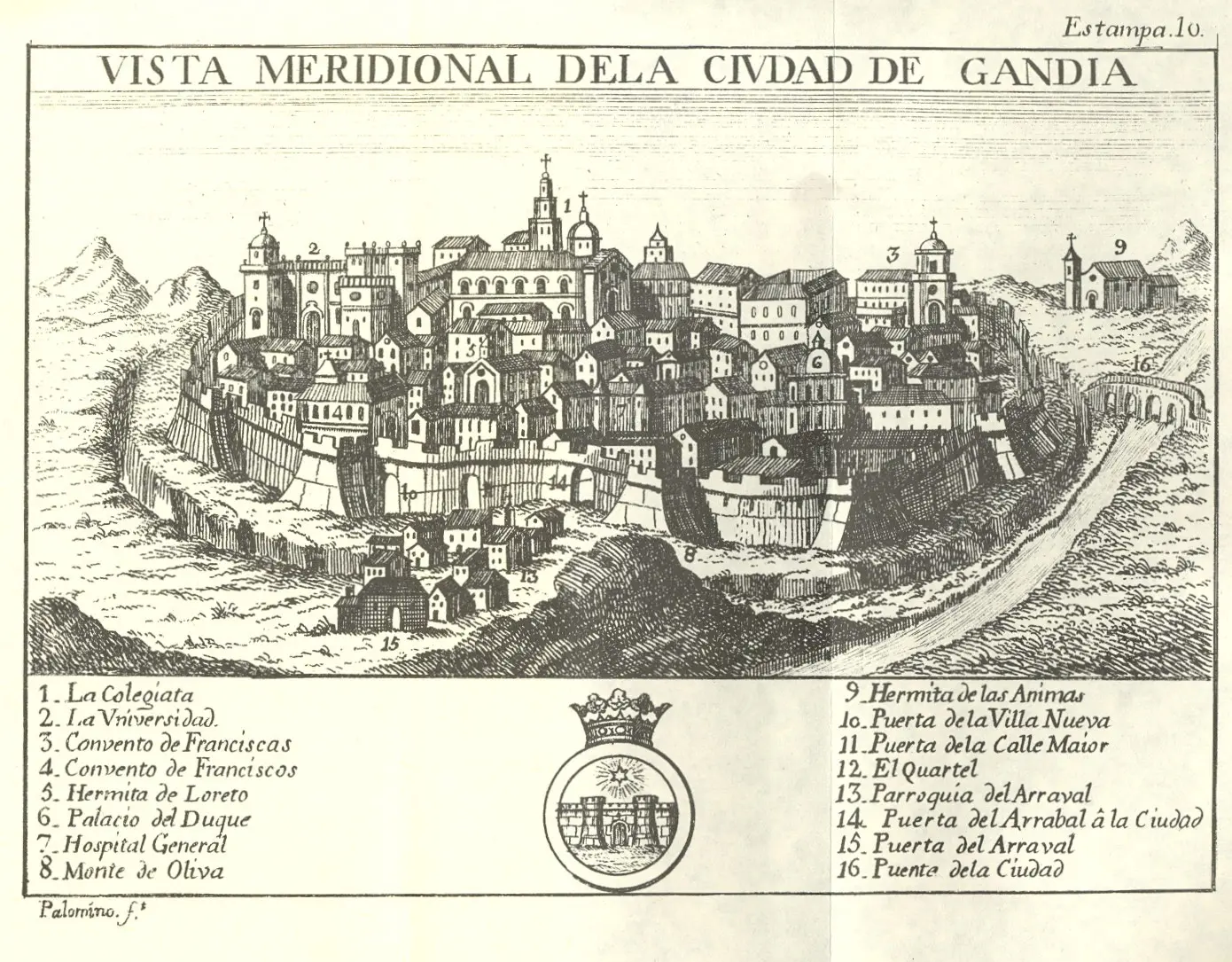 Grabado antiguo de la vista meridional de Gandia rodeada por sus murallas