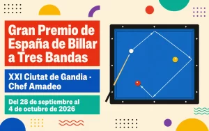 Affiche illustrée du Grand Prix d’Espagne de billard à trois bandes « XXI Ciutat de Gandia-Chef Amadeo », du 28 septembre au 4 octobre 2026