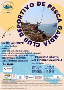 Poster for the 2nd Junior Fishing Contest by the Gandia Fishing Sports Club, part of the municipal sports games, on 30 August, with category timetables, free registration, and a photo of a boy fishing among rocks.