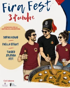 Affiche illustrée du Fira Fest du 3 octobre sur l’Avinguda de la República Argentina, avec trois personnages cuisinant une paella géante ; avec Siopara Band, Paella Gegant et Tardeo Xplosion Fest.
