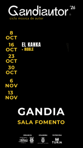 Affiche officielle de Gandiautor '26, cycle de musique d'auteur, pour le concert d'El Kanka avec Roble le 16 octobre à la Sala Fomento de Gandia. Organisé par la Vermutería Da Tomás et le Foment AIC ; avec la collaboration du conseil municipal de Gandia ; parrainé par Turia.