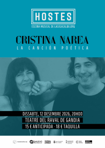 Affiche du concert de Cristina Narea, « La canción poética » (cycle Hostes, scène musicale de lacasacalba.org). Photo de l'artiste avec un homme. Samedi 12 décembre 2026, 20 h, Teatre del Raval de Gandia. Entrée anticipée 15 €, guichet 18 €.