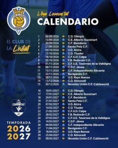 Official poster of the C.F. Gandia match schedule for the 2026-2027 Lliga Comunitat at the Estadio Guillermo Olagüe.