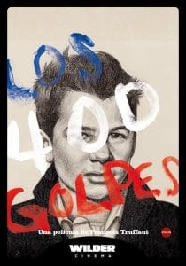Cinema poster: pencil portrait of a young man with the title «Los 400 golpes» in multicolored brush letters, the credit «A film by François Truffaut», a round «AVALON» logo and «WILDER CINEMA» at the bottom.