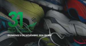 Poster for the 31st Ciutat de Gandia Half Marathon & 10K over a background of running shoes: Sunday 8 November 2026 at 09:30.