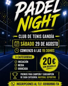 Official poster for Pádel Night at Club de Tenis Gandia, Saturday 29 August at 19:30