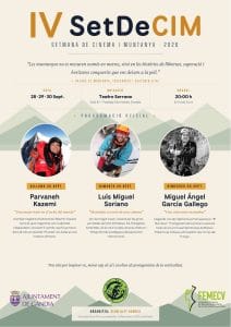 Cartel oficial del IV SetDeCIM, Semana de Cine y Montaña 2026. Fechas 28, 29 y 30 de septiembre, horario 20:00, en el Teatro Serrano (Sala B) de Gandia. Retratos de los tres protagonistas: Parvaneh Kazemi, Luis Miguel Soriano y Miguel Ángel García Gallego. Organiza el Club Alpí Gandia con el Ayuntamiento de Gandia y la FEMECV. Entrada libre.