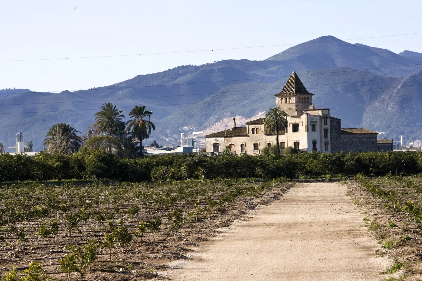 La alquería fortificada Torre dels Pares entre campos de naranjos, con las montañas de la Safor al fondo
