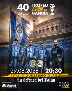 Cartel de la 40.ª edición del Trofeu Ciutat de Gandia, con jugadores del CF Gandia caracterizados como caballeros, la fecha 29 de agosto de 2026 y la hora del partido, 20:30.