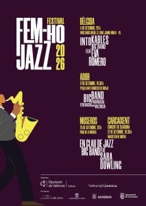 Poster for the Fem-ho Jazz 2026 Festival with an illustration of a saxophone player and five concerts scheduled in Belcida, Ador, Museros, Carcaixent and En Clau de Jazz, organized by the Valencia Provincial Council.