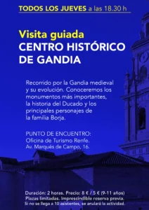 Cartel oficial de la visita guiada al Centro Histórico de Gandia, todos los jueves a las 18.30 h