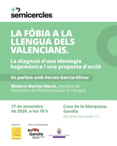 Official poster for the talk “La fòbia a la llengua dels valencians” with Ferran Garcia-Oliver, 17 September 2026 at 6 pm at the Casa de la Marquesa in Gandia