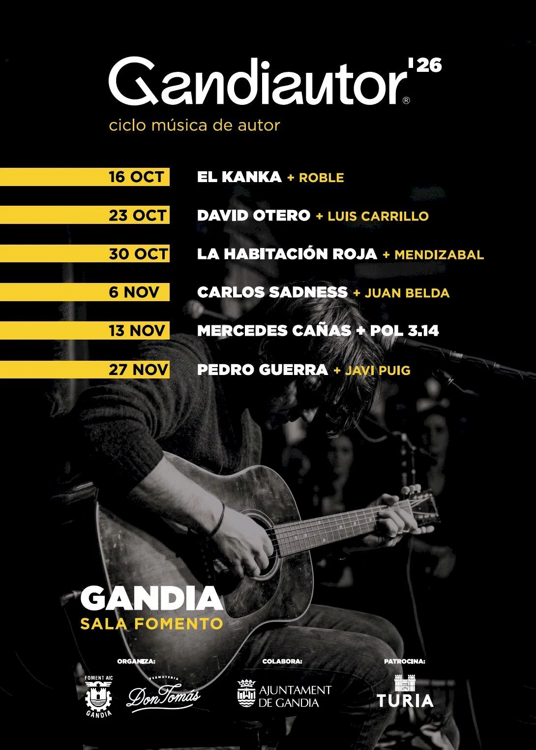 Cartel oficial de Gandiautor 2026: seis conciertos en la Sala Fomento de Gandia, del 16 de octubre al 27 de noviembre.