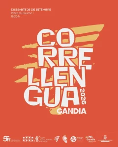 Cartel oficial del Correllengua 2026 de Gandia, sábado 26 de septiembre a las 18.30 h en la Plaça del Rei Jaume I