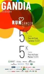 Affiche officielle de la course et marche RunCáncer Gandia Contra el Cáncer 2026, le 25 octobre à la Plaça del Prado.