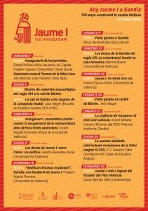 Official poster for the 750th anniversary 'Any Jaume I a Gandia' featuring the schedule of activities for October 2026.