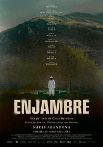 Poster for the film ENJAMBRE showing a figure in a white protective suit before a hillside.