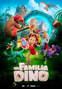 Cartel de la película de animación La familia dino, con dos niños y varios dinosaurios frente a un portal mágico.