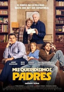 Movie poster for Mis queridísimos padres, showing smiling parents holding an envelope behind their three serious-looking children.