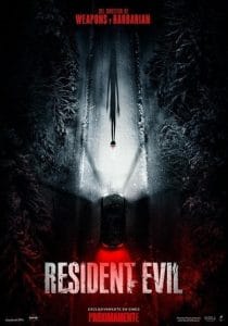 Resident Evil movie poster showing a car on a snowy road at night illuminating a mysterious figure.