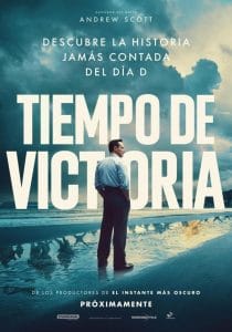 Movie poster for 'Tiempo de victoria' featuring actor Andrew Scott standing on a beach.