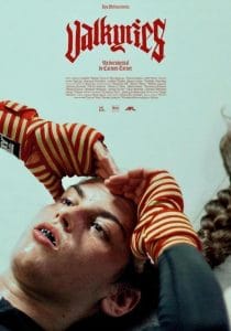 Poster for the documentary 'Valkyries': close-up of a young woman with hands on her head, light blue background.