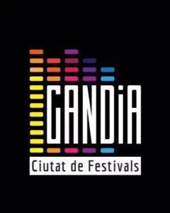 Affiche de l'exposition « Gandia, ciudad de festivales » : logo de la marque Gandia Ciutat de Festivals avec un design d'égaliseur coloré.