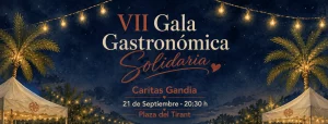 Affiche illustrée de la VIIe Gala gastronomique solidaire de Cáritas Gandia : nuit étoilée avec palmiers, chapiteaux et guirlandes lumineuses, le 21 septembre à 20 h 30 sur la place du Tirant.