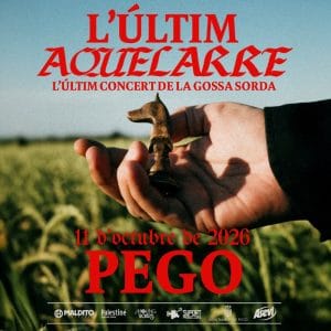 Póster del último concierto de la Gossa Sorda en Pego el 11 de octubre de 2026: una mano sostiene una pieza de ajedrez de madera sobre un campo de cereal, con textos en rojo y logos de patrocinadores.