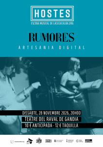 Poster for HOSTES: Rumores, with a turquoise background and a photograph of the trio performing; it announces 28 November 2026 at 8 pm at the Teatre del Raval, with €10 advance tickets and €12 at the box office.