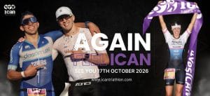 Cartel del ICAN Triathlon con tres triatletas celebrando la llegada a meta y la fecha 17 de octubre de 2026.