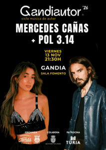 Affiche officielle du cycle Gandiautor '26 pour le concert de Mercedes Cañas + Pol 3.14, le 13 novembre 2026 à 21 h 30 à la Sala Fomento de Gandia.