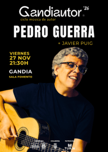 Official poster for the Gandiautor '26 cycle for the Pedro Guerra + Javi Puig concert, on 27 November 2026 at 21:30 at Sala Fomento in Gandia.