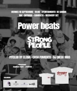 Affiche de l'événement sportif Power Beats x Strong People sur la place de la Mairie de Gandia, avec la date, le prix et le dress code.
