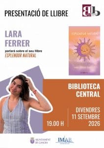 Affiche de la présentation du livre Esplendor natural de Lara Ferrer Sánchez à la Bibliothèque centrale de Gandia.
