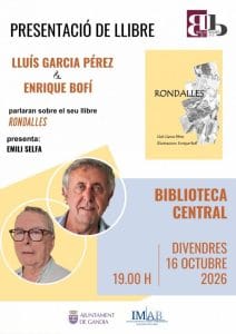Cartel de la presentación del libro «Rondalles» de Lluís Garcia Pérez y Enrique Bofí en la Biblioteca Central de Gandia.