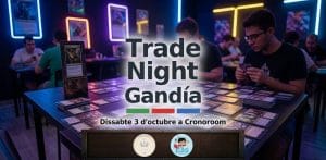 Trade Night Gandia promotional poster for 3 October at Cronoroom, with young people playing card games in the background.