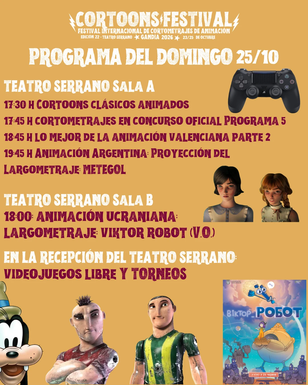 Official Cortoons Festival 2026 programme for Sunday 25 October at the Teatre Serrano in Gandia