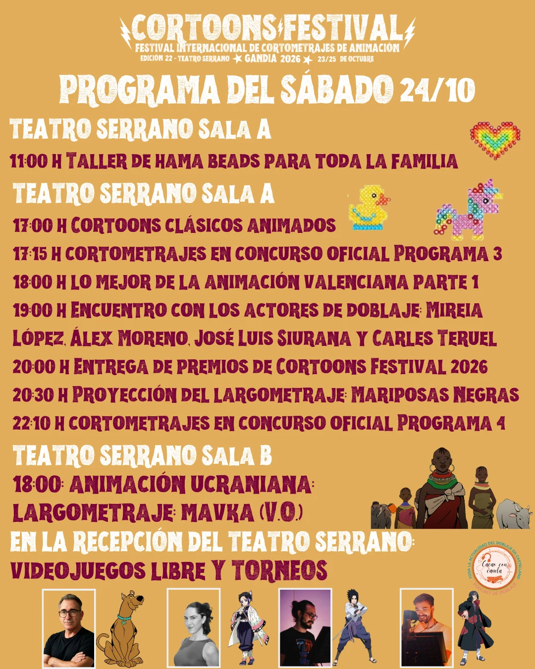 Official Cortoons Festival 2026 programme for Saturday 24 October at the Teatre Serrano in Gandia